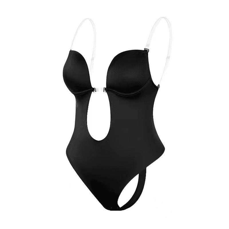 European and American large size one-piece bodysuit backless tights chest support shaping gather invisible shoulder strap body shaper apricot L