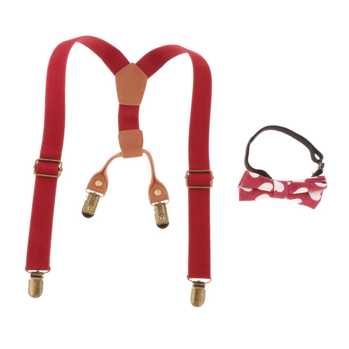 Kids Suspenders & Bowtie Set Metal  Shaped  For Boys Red