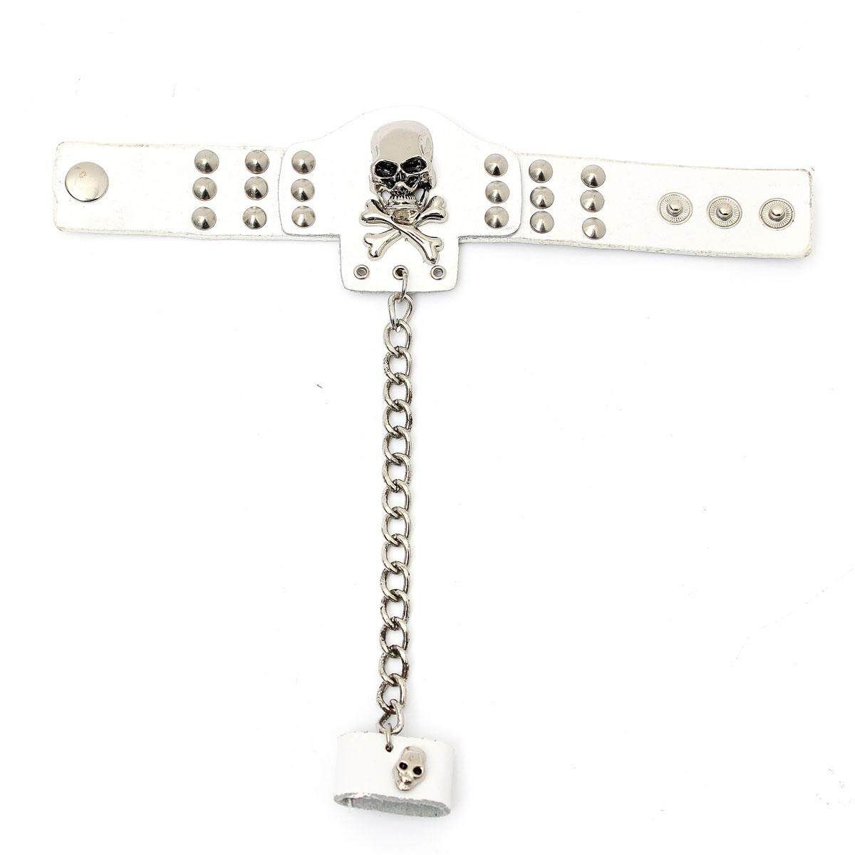 Metal Studded Skull Cowhide Leather Ring Chain Bracelet Wristband Ring Unisex White White