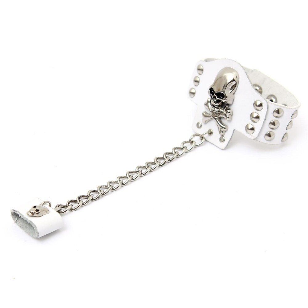 Metal Studded Skull Cowhide Leather Ring Chain Bracelet Wristband Ring Unisex White White