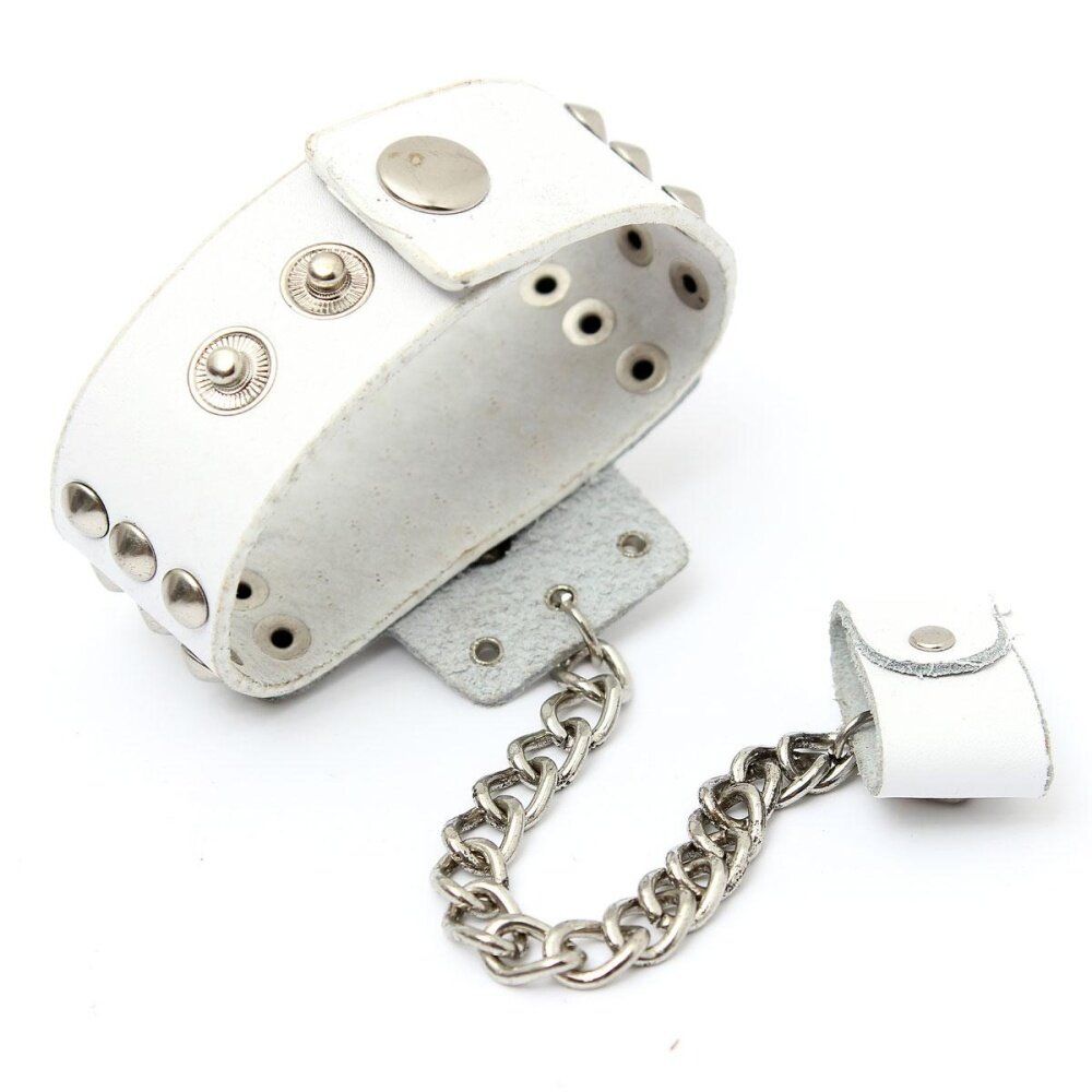 Metal Studded Skull Cowhide Leather Ring Chain Bracelet Wristband Ring Unisex White White