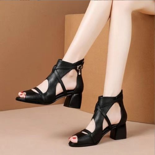 Classic Low Block Heel Buckle Ladies Sandals Women Shoes-Black