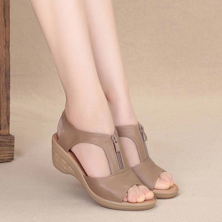 {MijaGrace}Women's Hollow Zipper Open Toe Fish Mouth Wedge Retro Sandals - CAMEL