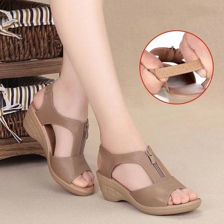 {MijaGrace}Women's Hollow Zipper Open Toe Fish Mouth Wedge Retro Sandals - CAMEL