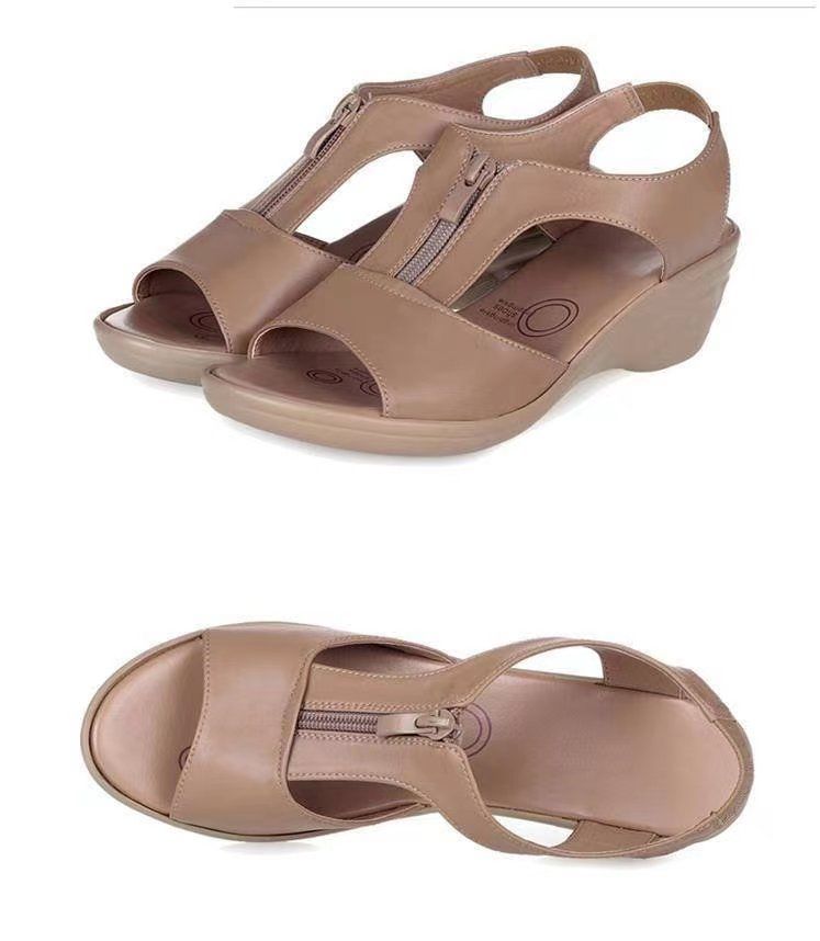 {MijaGrace}Women's Hollow Zipper Open Toe Fish Mouth Wedge Retro Sandals - CAMEL