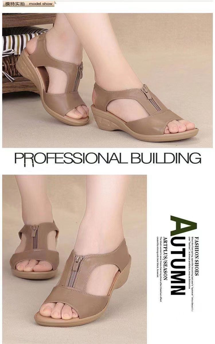 {MijaGrace}Women's Hollow Zipper Open Toe Fish Mouth Wedge Retro Sandals - CAMEL