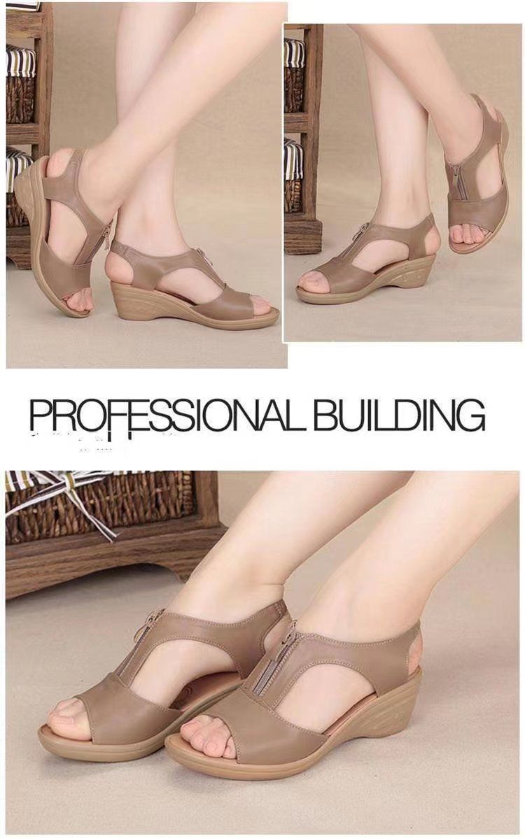 {MijaGrace}Women's Hollow Zipper Open Toe Fish Mouth Wedge Retro Sandals - CAMEL