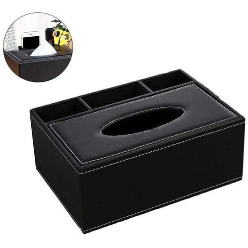 Leather Tissue Box Remote Control Holder Multifunctional Desktop Organizer Pencil Scissor Container (Black)