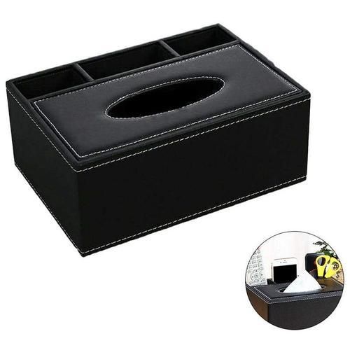 Leather Tissue Box Remote Control Holder Multifunctional Desktop Organizer Pencil Scissor Container (Black)