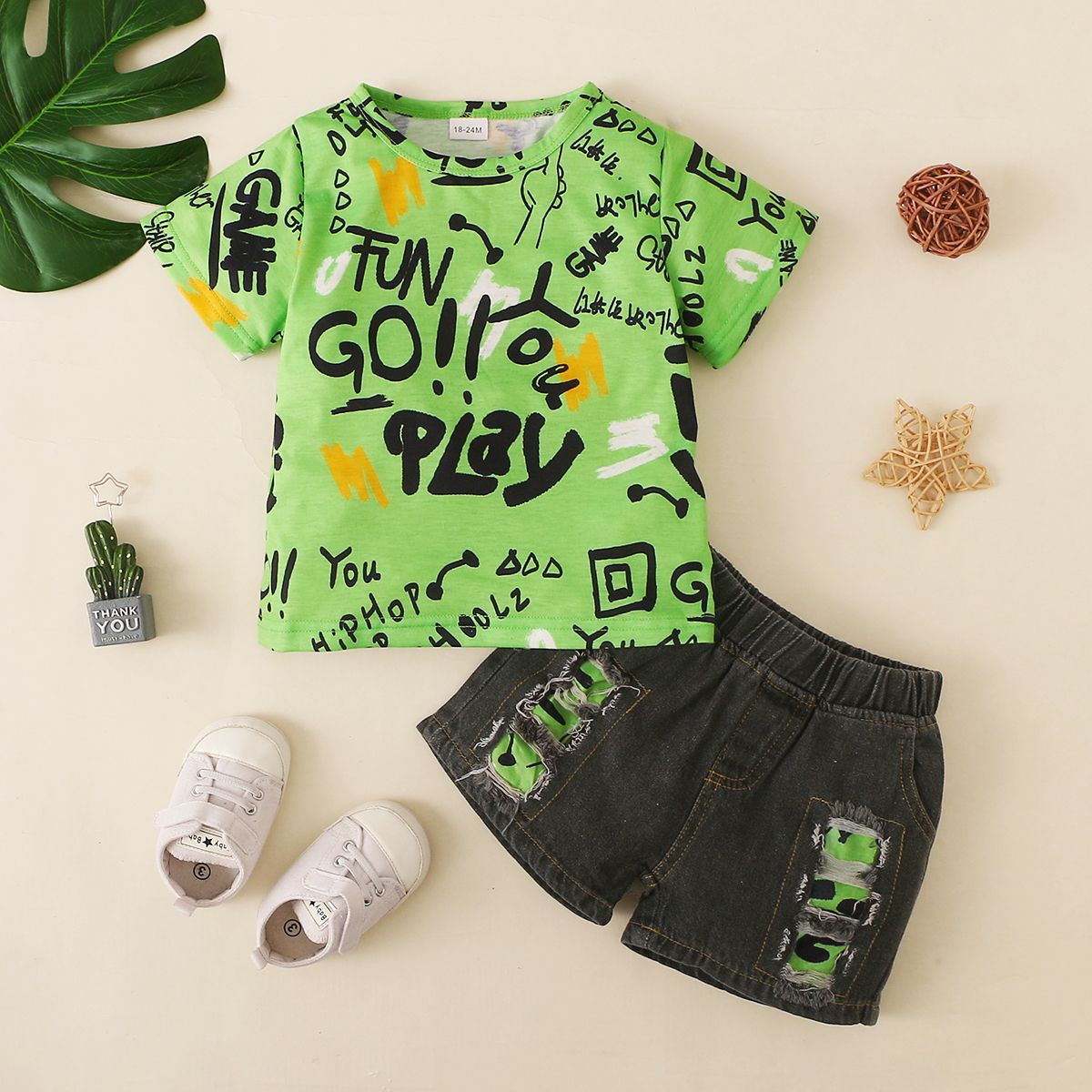 Toddler Baby Boy Suit Print Short Sleeve T-shirt + Ripped Denim Shorts 2Pcs Set