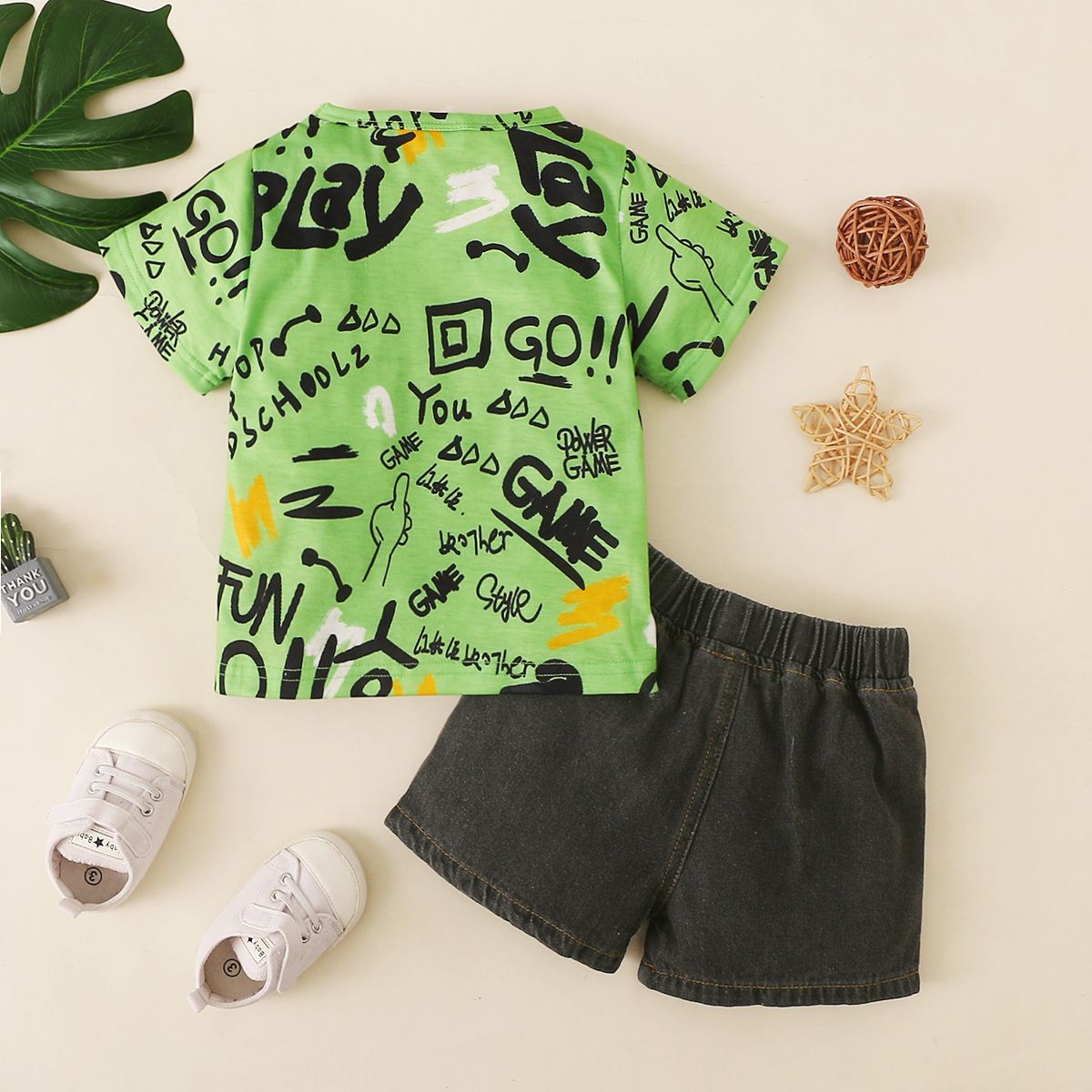 Toddler Baby Boy Suit Print Short Sleeve T-shirt + Ripped Denim Shorts 2Pcs Set