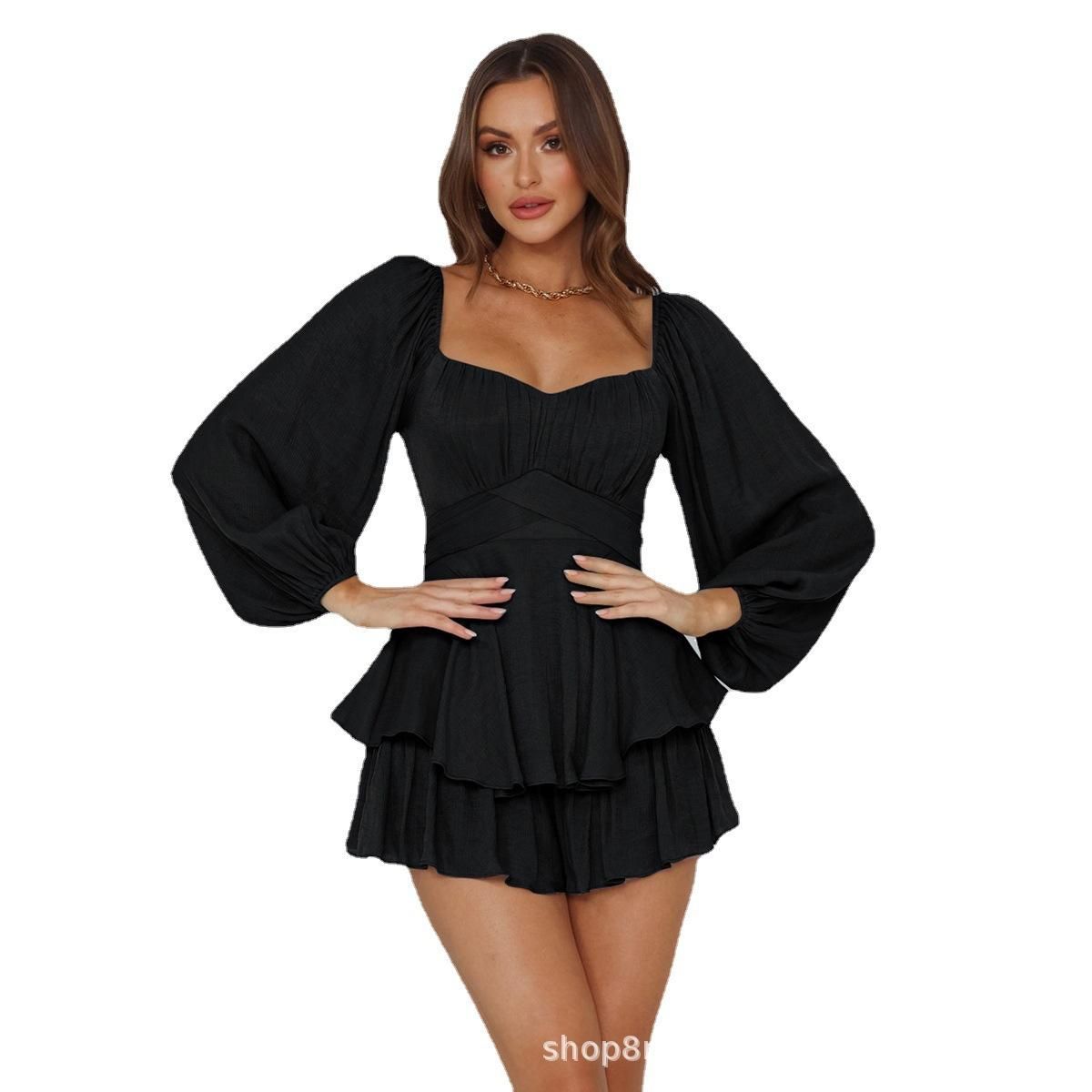Fashion ruffled women's summer lantern long-sleeved square neck waist casual skirt