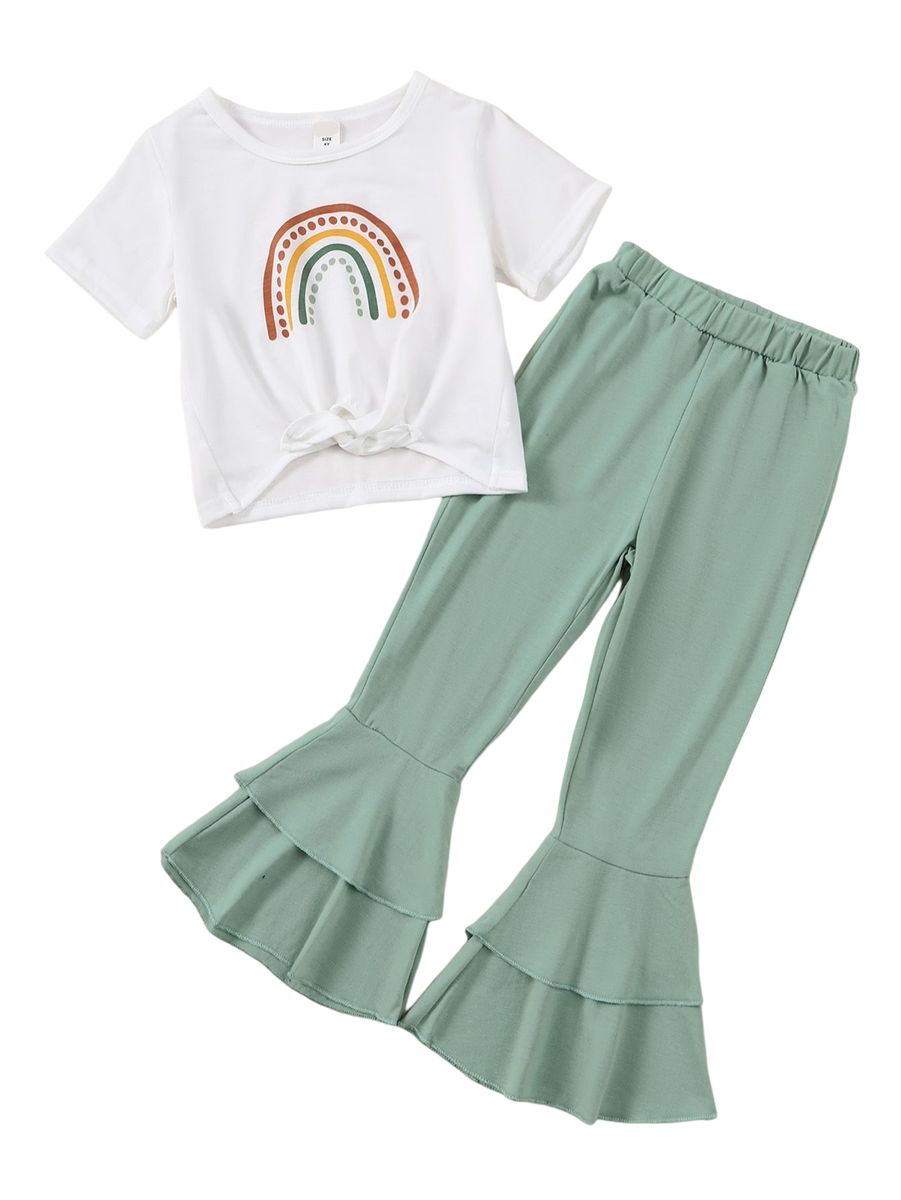 4-7 Years Kid Girl 2PCS Set Rainbow T-shirt+Plain Color Bell-bottoms