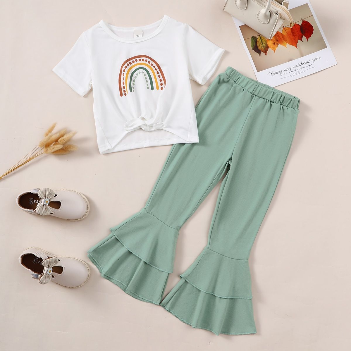 4-7 Years Kid Girl 2PCS Set Rainbow T-shirt+Plain Color Bell-bottoms