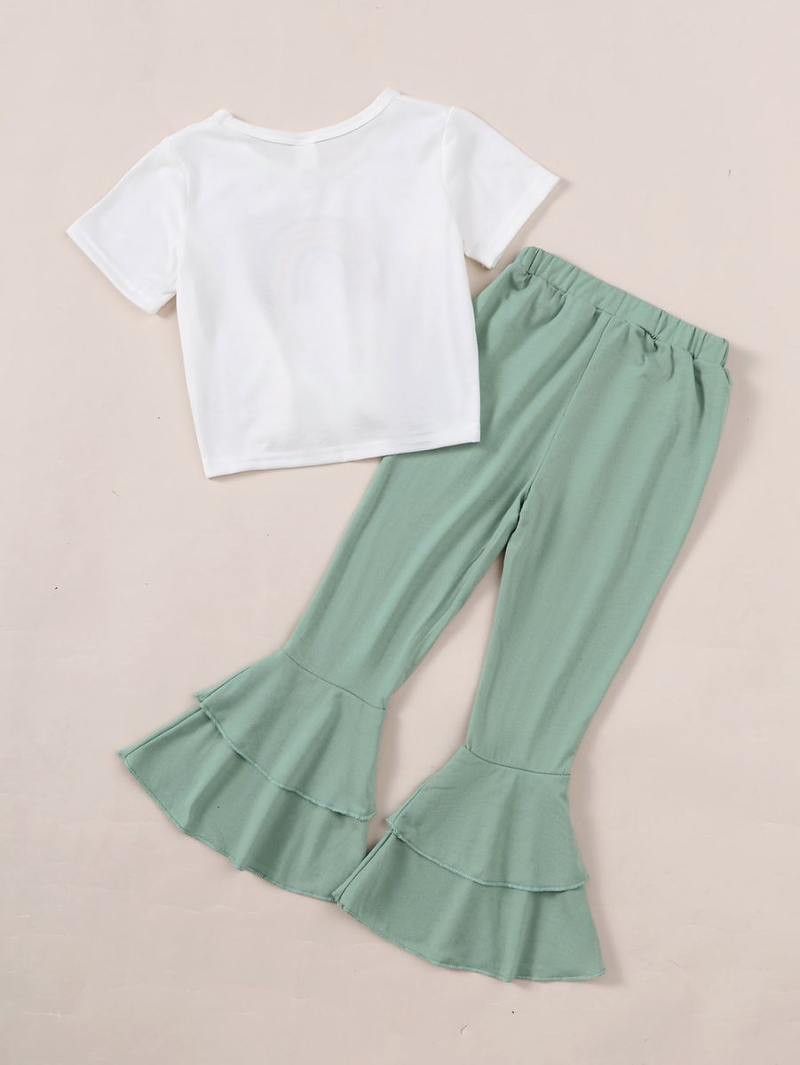 4-7 Years Kid Girl 2PCS Set Rainbow T-shirt+Plain Color Bell-bottoms