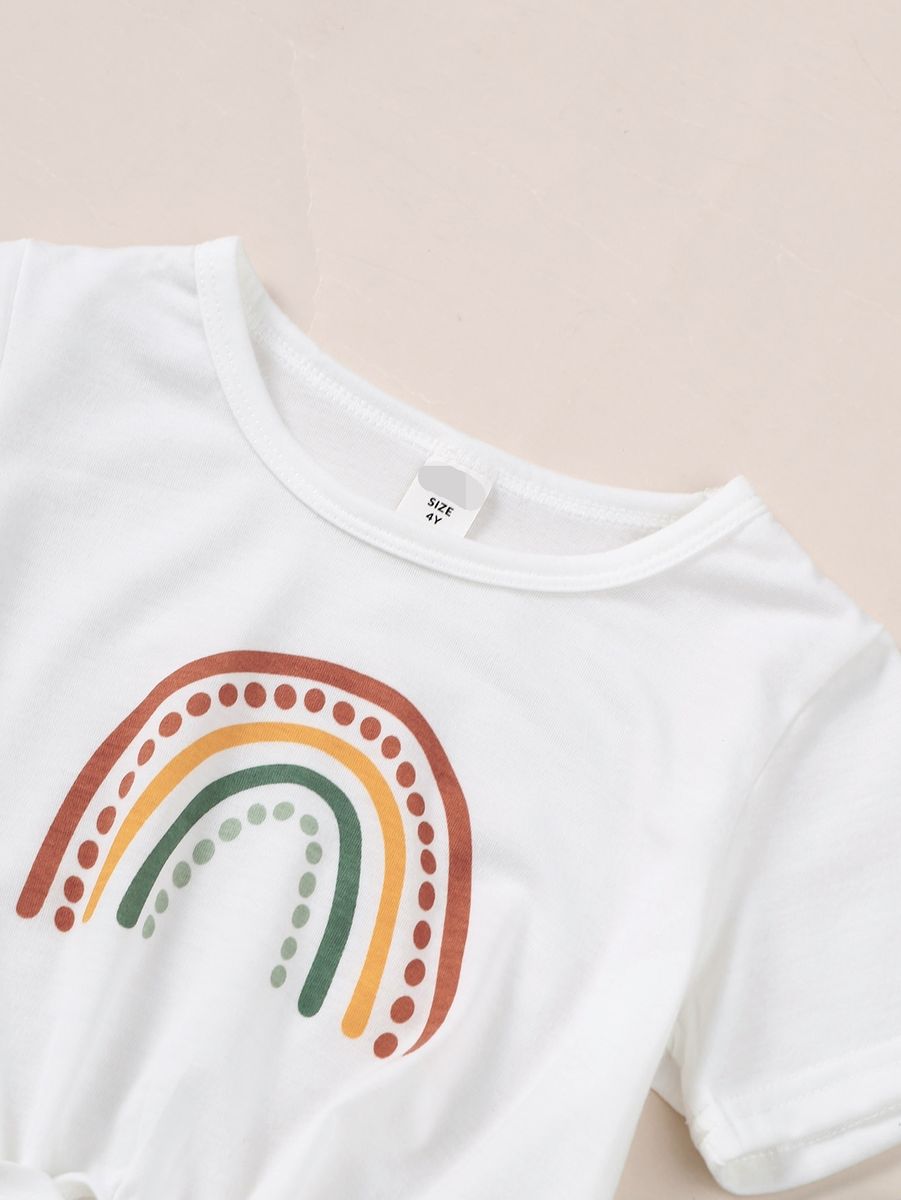 4-7 Years Kid Girl 2PCS Set Rainbow T-shirt+Plain Color Bell-bottoms