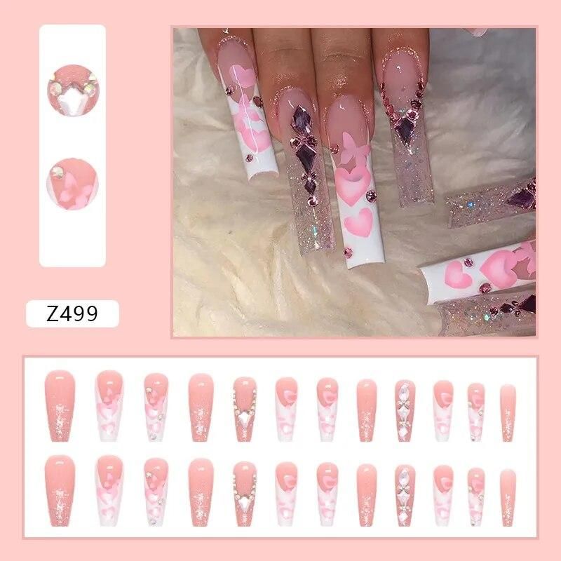Z499 Sweetie French Tip Press on Nails with Designs Extra Long Rhinestone Fake Nail with Adhesive for Valentine's Day