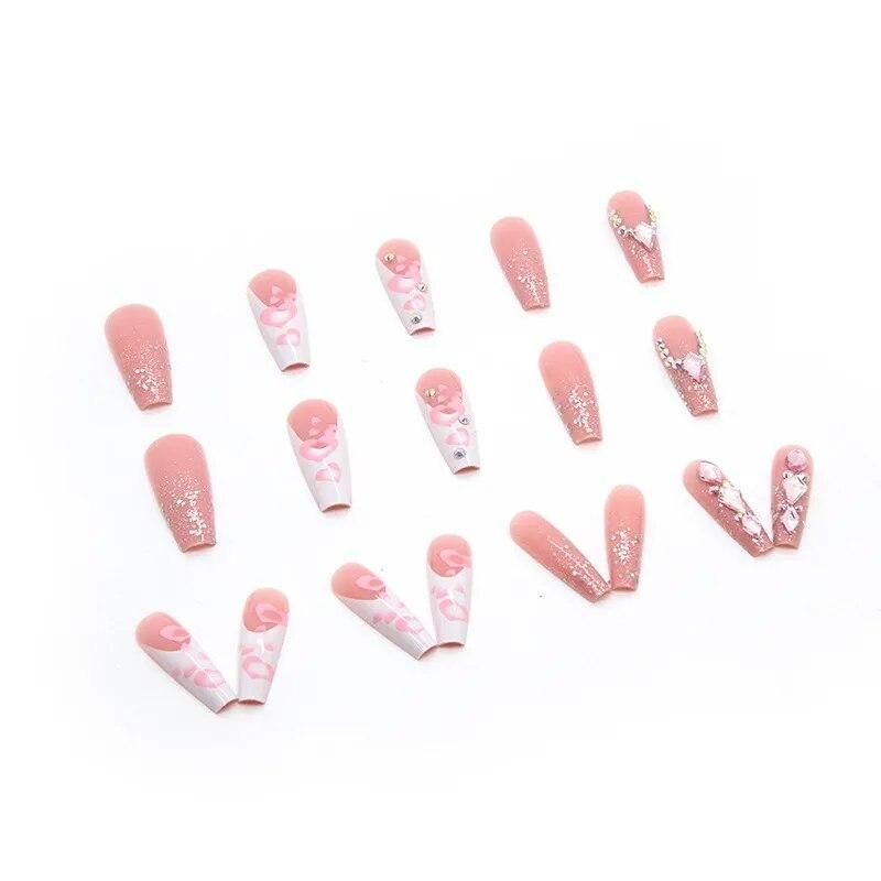 Z499 Sweetie French Tip Press on Nails with Designs Extra Long Rhinestone Fake Nail with Adhesive for Valentine's Day