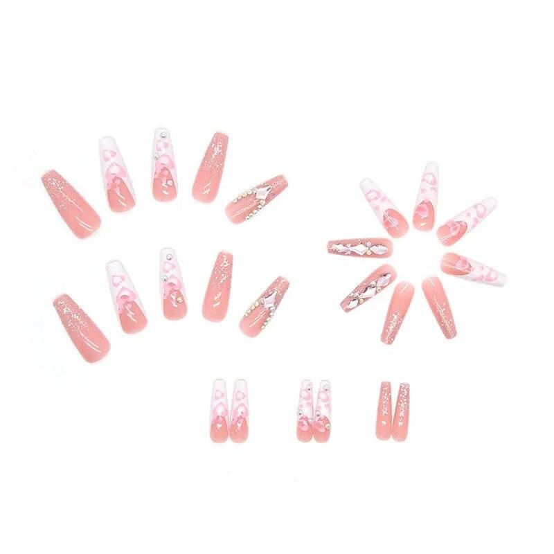 Z499 Sweetie French Tip Press on Nails with Designs Extra Long Rhinestone Fake Nail with Adhesive for Valentine's Day
