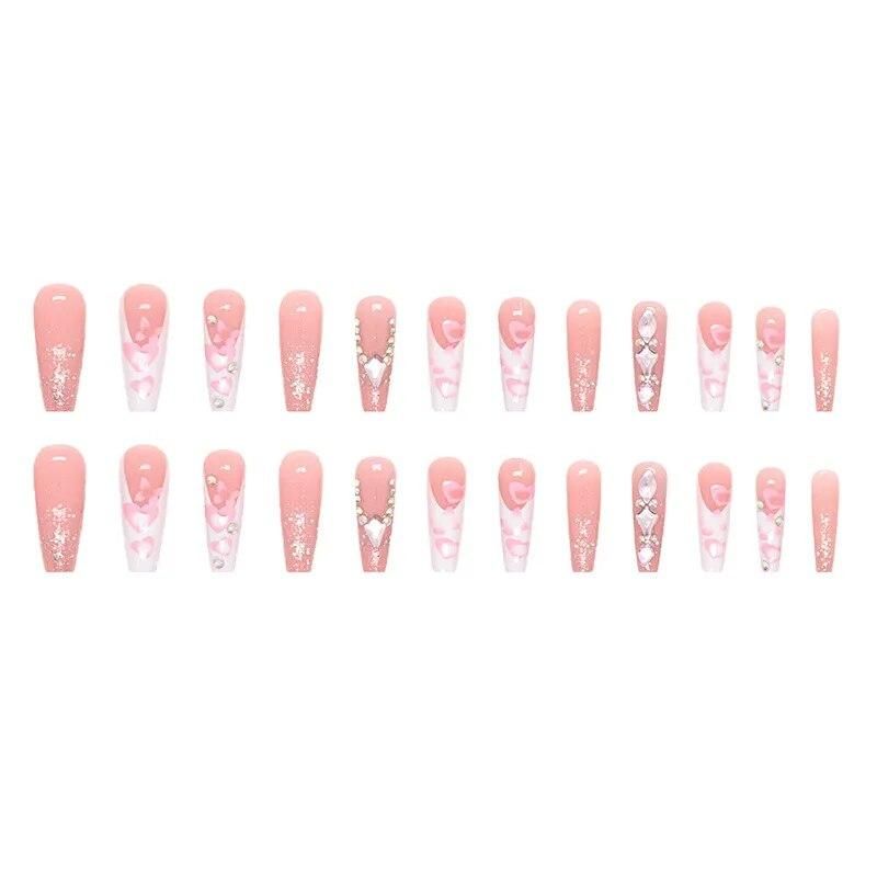 Z499 Sweetie French Tip Press on Nails with Designs Extra Long Rhinestone Fake Nail with Adhesive for Valentine's Day