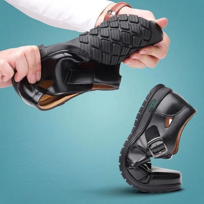 (Black)Men's Leather Shoes Business Casual Forma Wear High Heels Soft Sole Non-Slip Summer Sandals