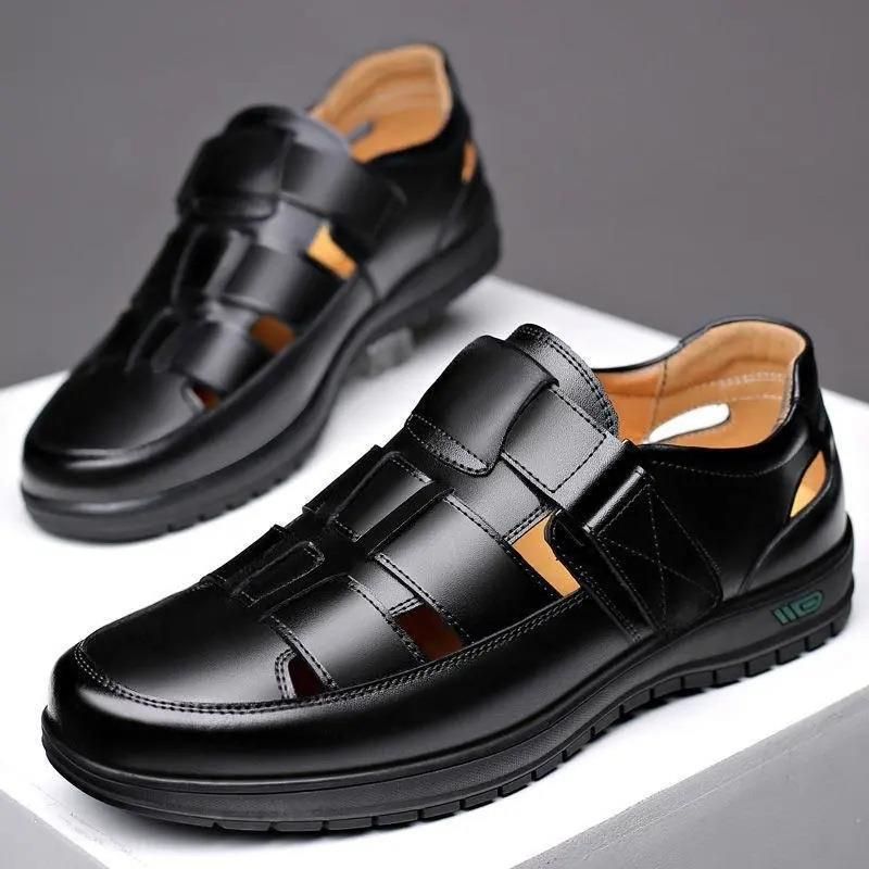 (Black)Men's Leather Shoes Business Casual Forma Wear High Heels Soft Sole Non-Slip Summer Sandals
