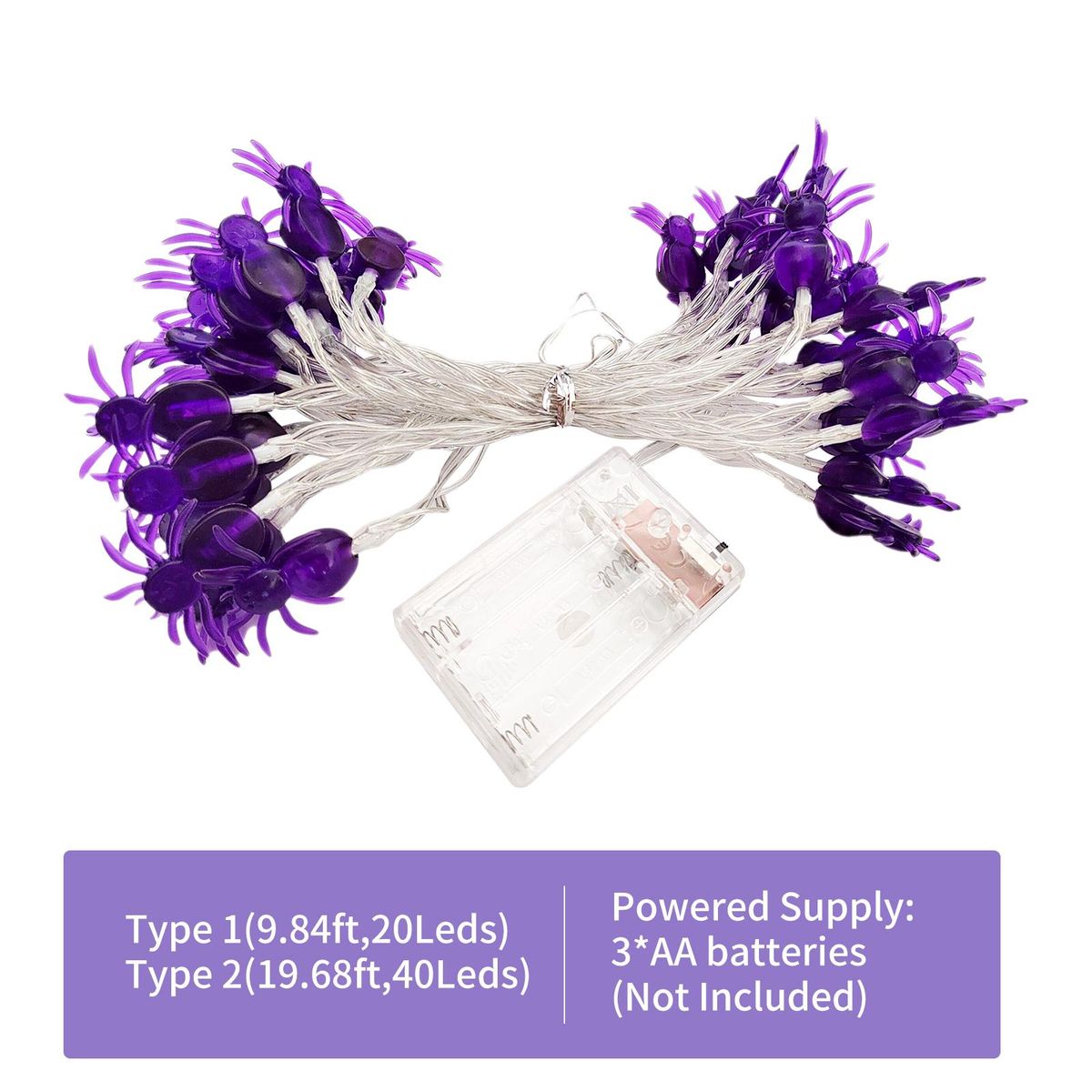 20FT 40LEDs Halloween String Lights Purple Spider Shaped Decorative Hanging Lights Waterproof Battery Operated Lighting