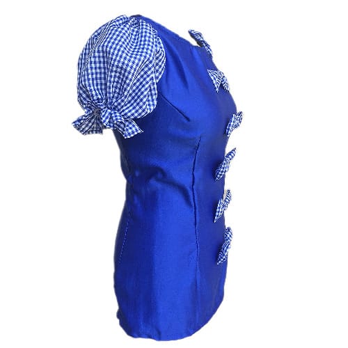 Shopadaa - Top With Puffy Checkered Plaid Short Sleeve And Bow - Blue And White Blouse