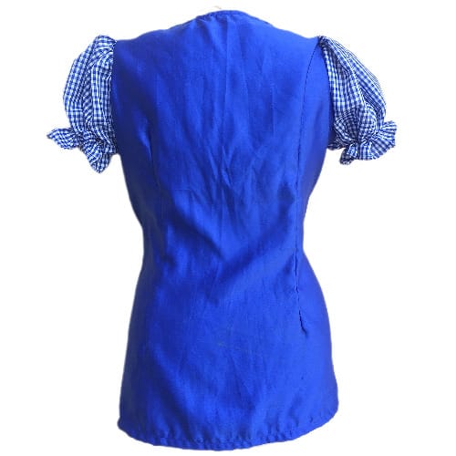 Shopadaa - Top With Puffy Checkered Plaid Short Sleeve And Bow - Blue And White Blouse