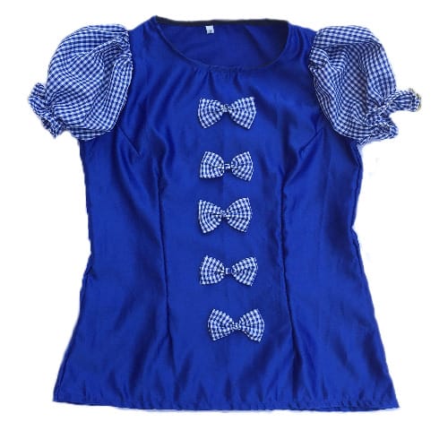 Shopadaa - Top With Puffy Checkered Plaid Short Sleeve And Bow - Blue And White Blouse
