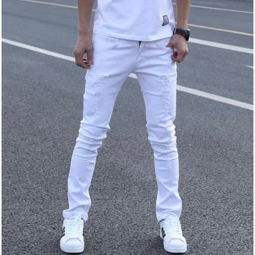 Ripped Thorn Stretchy Men's Skinny Jeans - White