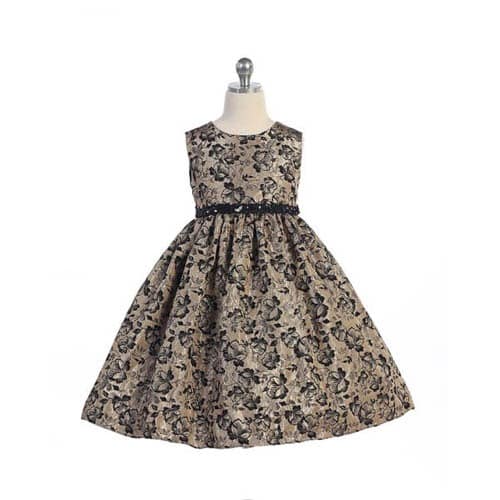 Girls' Floral Sequin Belt Dress - Gold & Black