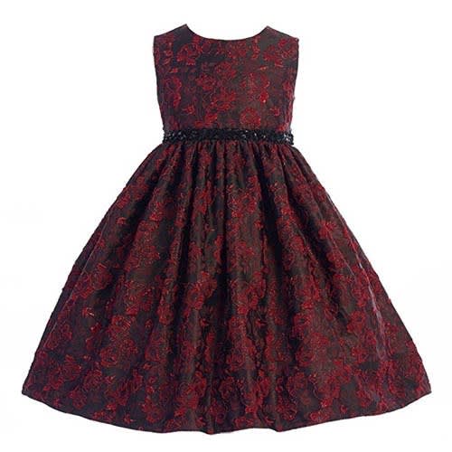 Girls' Floral Sequin Belt Dress - Red & Black