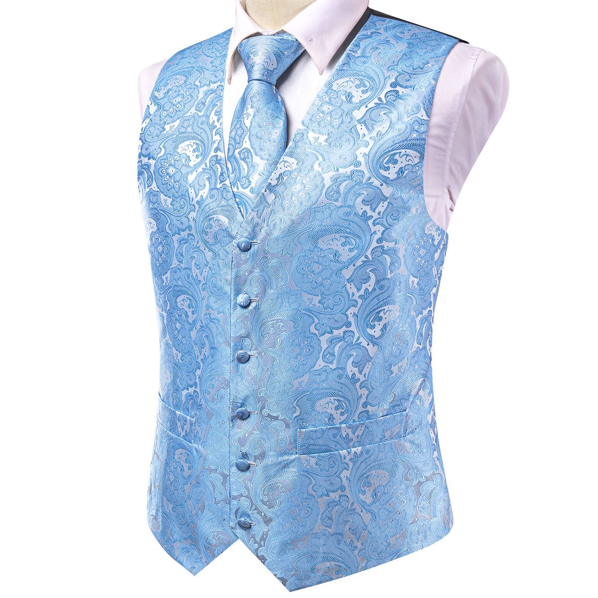 (MJ-3018)Silk Mens Wedding Vest Tie Set Sleeveless Western Waistcoat Jacket Necktie Hanky Cufflinks Sky Blue Coral Beige Silver Burgundy DOU