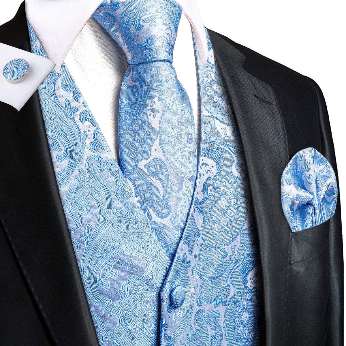 (MJ-3018)Silk Mens Wedding Vest Tie Set Sleeveless Western Waistcoat Jacket Necktie Hanky Cufflinks Sky Blue Coral Beige Silver Burgundy DOU