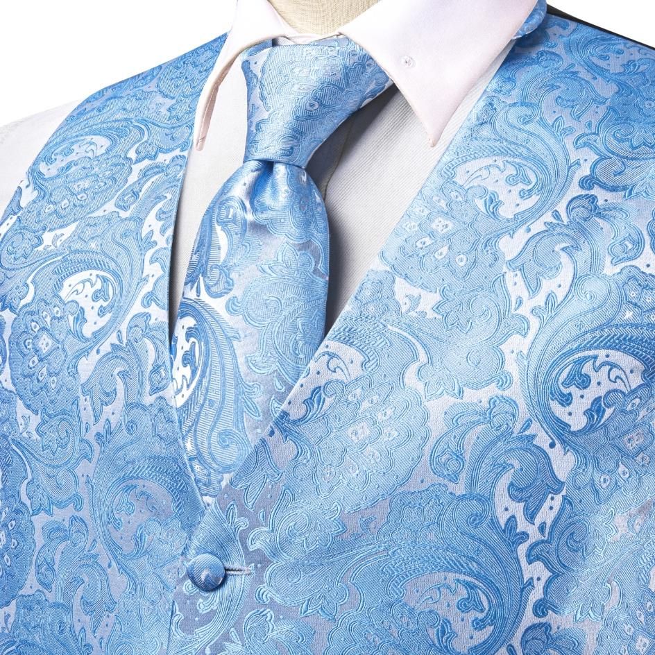 (MJ-3018)Silk Mens Wedding Vest Tie Set Sleeveless Western Waistcoat Jacket Necktie Hanky Cufflinks Sky Blue Coral Beige Silver Burgundy DOU