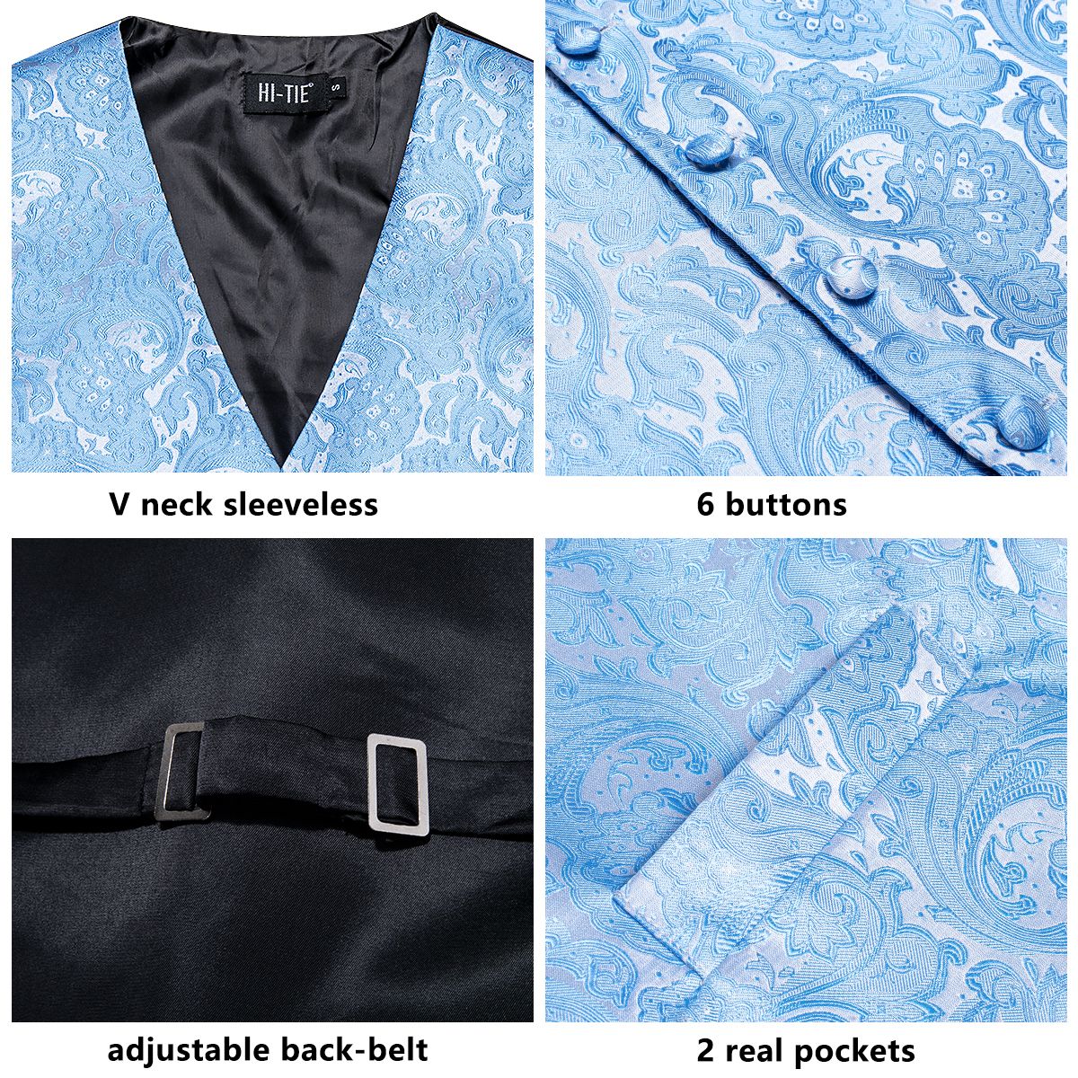 (MJ-3018)Silk Mens Wedding Vest Tie Set Sleeveless Western Waistcoat Jacket Necktie Hanky Cufflinks Sky Blue Coral Beige Silver Burgundy DOU