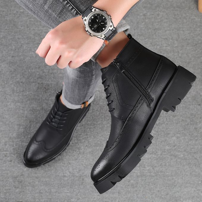 Mens Ankle Boot Fashion Formal Leather Mid Top Shoes Black