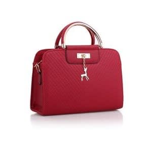 Ladies Pu Leather Handbag With Deer Design - Red