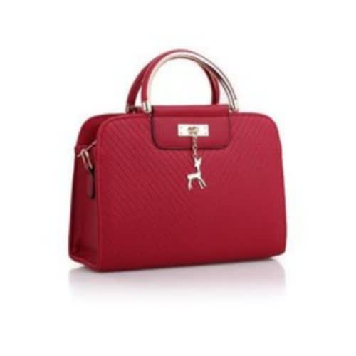 Ladies Pu Leather Handbag With Deer Design - Red