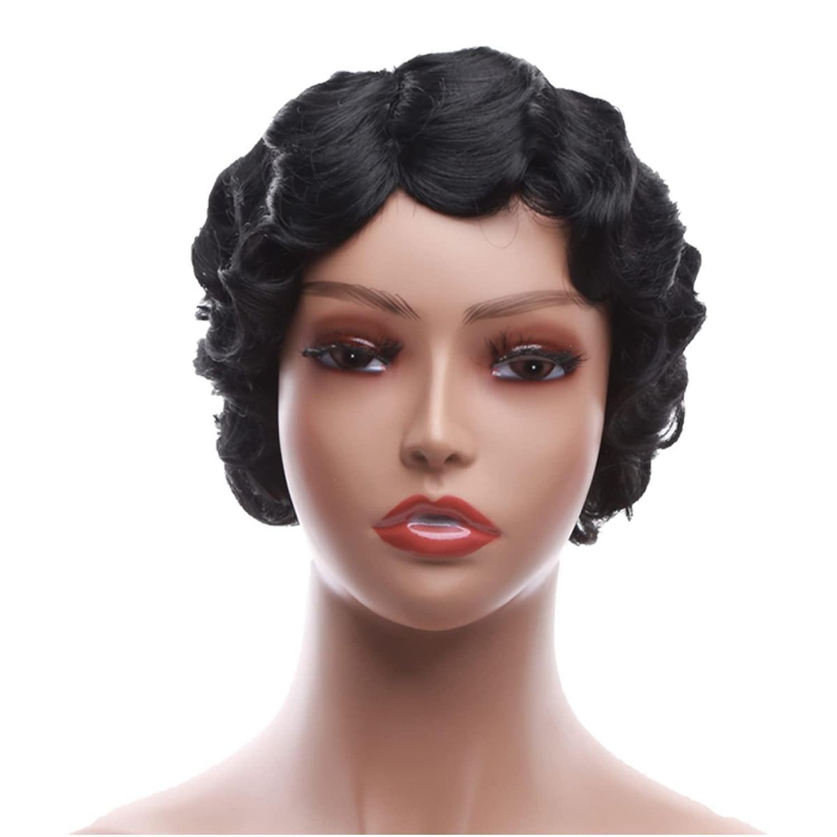 Beauty Black Short Hair for Women Finger Wave Curly Hair Synthetic Hair Replacement Hair Halloween Cosplay