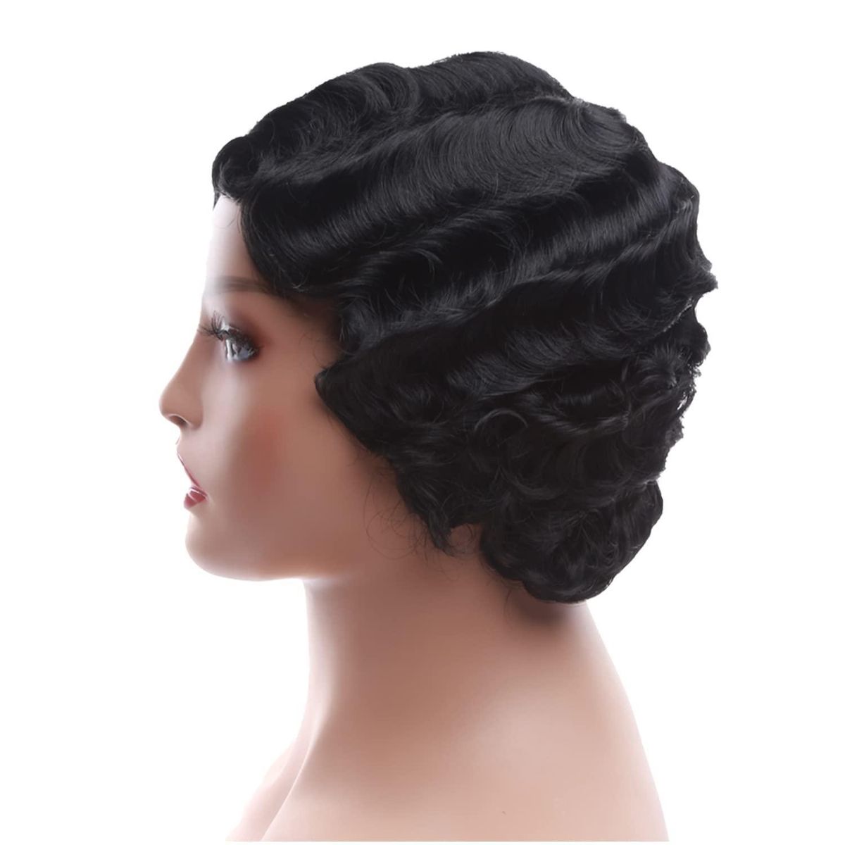 Beauty Black Short Hair for Women Finger Wave Curly Hair Synthetic Hair Replacement Hair Halloween Cosplay