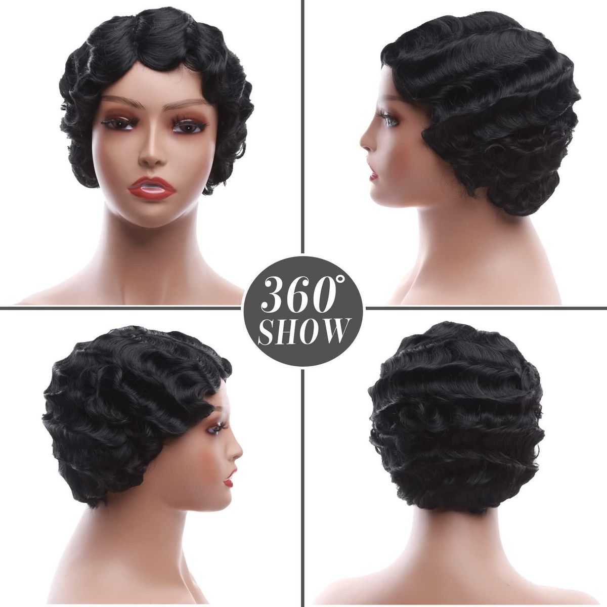 Beauty Black Short Hair for Women Finger Wave Curly Hair Synthetic Hair Replacement Hair Halloween Cosplay