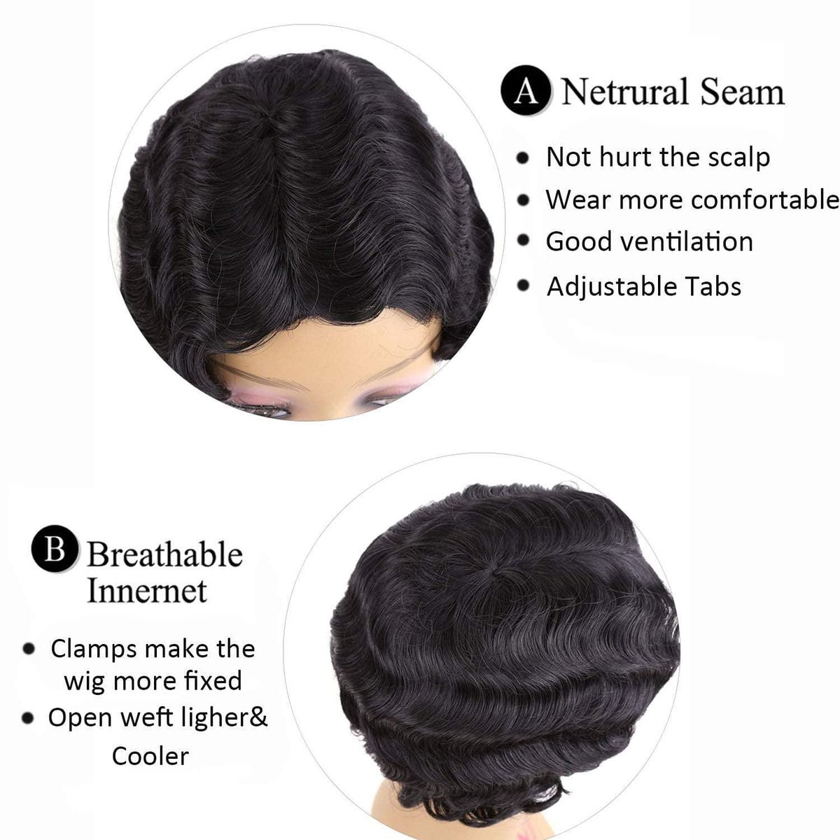 Beauty Black Short Hair for Women Finger Wave Curly Hair Synthetic Hair Replacement Hair Halloween Cosplay
