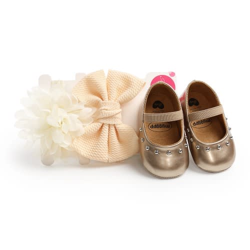 Baby Top Stud Shoes With Headbands - Gold