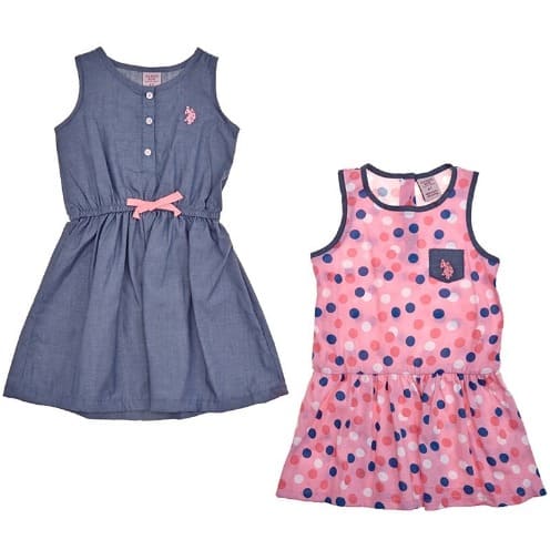 Toddler Girls Signature Denim Bow And Polka Dot Dress - Blue And Neon Pink- 2 In 1 Set