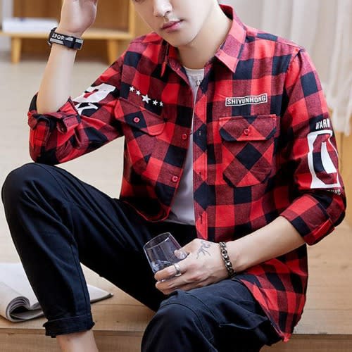 Men Shirt Garfield Plaid Long Sleeve Check Flannel- Red
