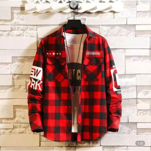 Men Shirt Garfield Plaid Long Sleeve Check Flannel- Red