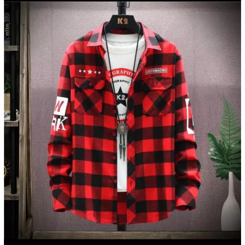 Men Shirt Garfield Plaid Long Sleeve Check Flannel- Red