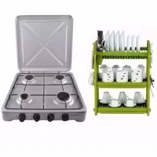 4 Burner Gas Cooker With And 3 Tiers Plate Rack Bundle